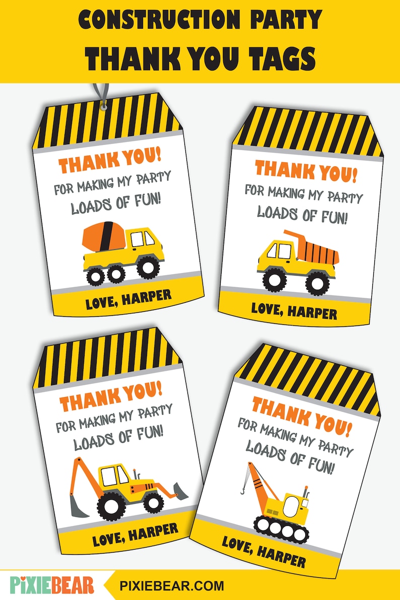 Construction Thank You Tags Printable Construction Party Etsy