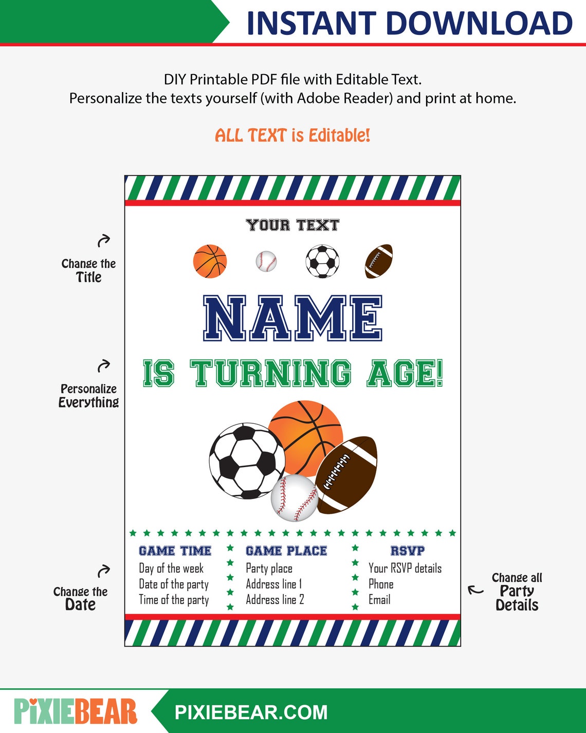 Sports Party Invitation Printable Sports Birthday - Etsy