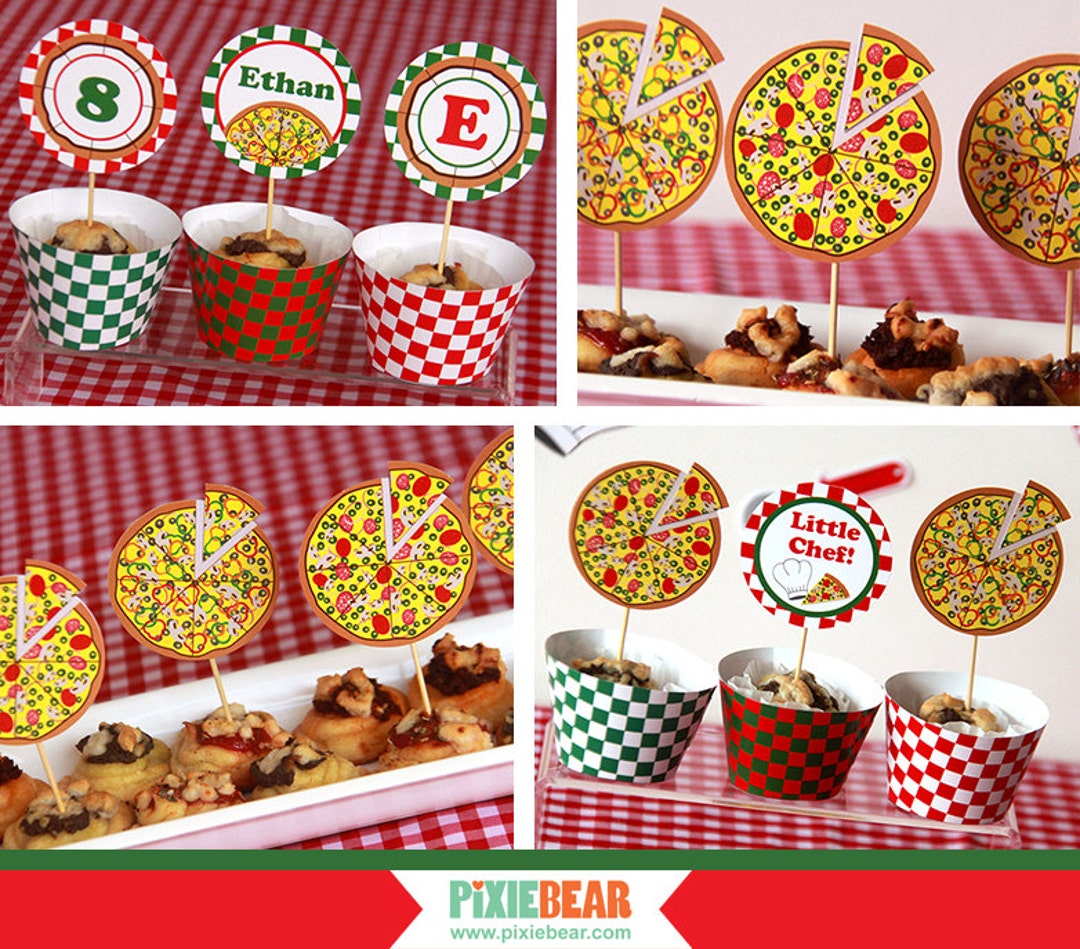 Pizza Cupcake Toppers Printable Pizza Party Toppers and Wrappers, Pizza ...