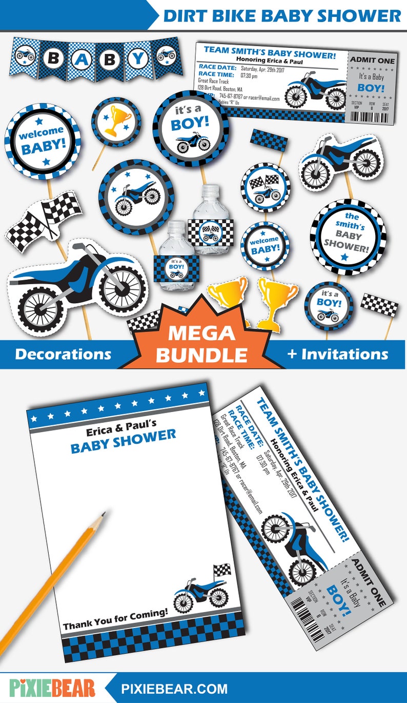 Dirt Bike Baby Shower Decorations and Invitations Printable Motocross Baby Shower, Motorcycle Decorations Instant Download Editable PDF image 1