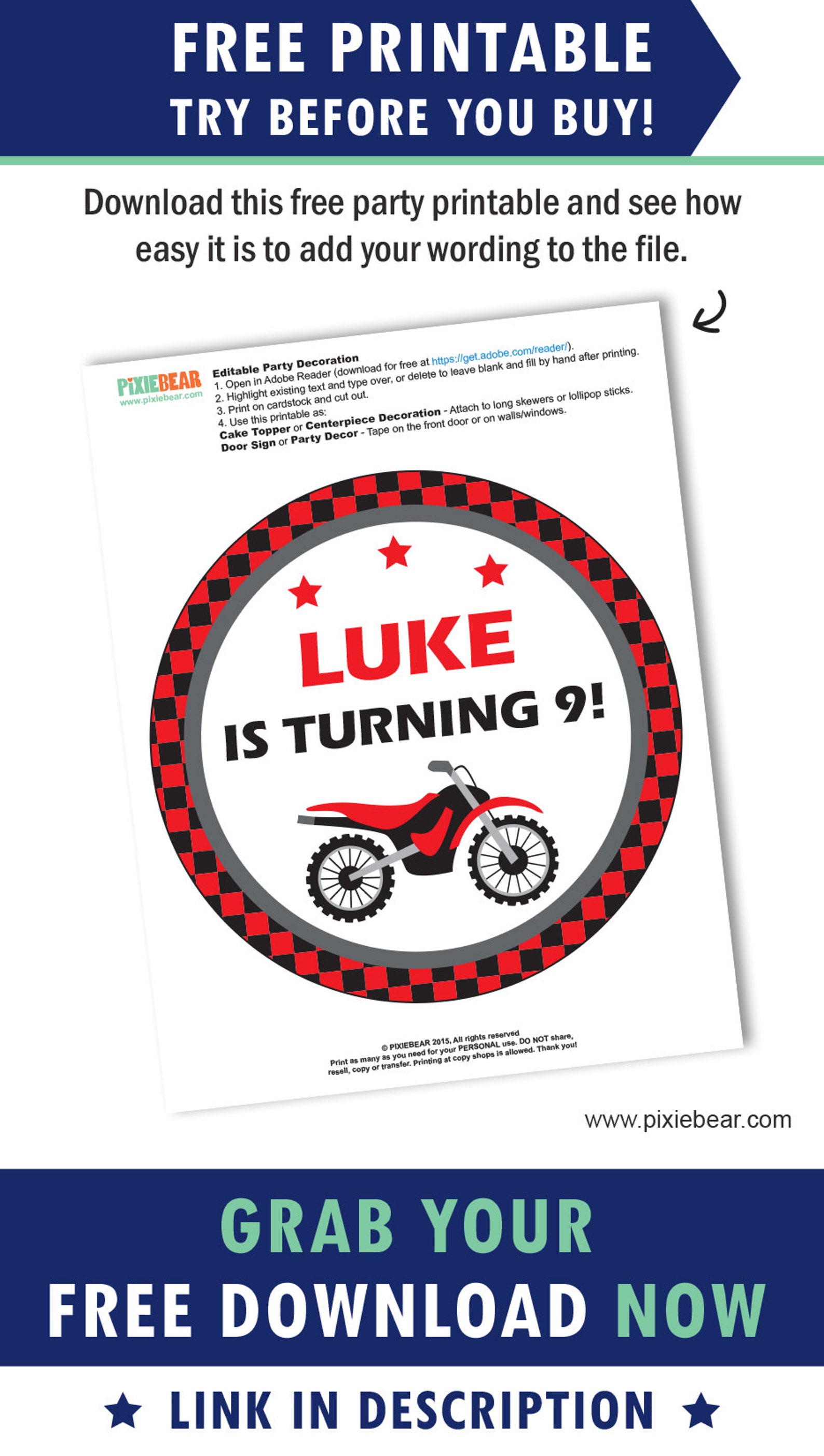 Motorcycle Cupcake Toppers Printable Dirt Bike Party | Etsy