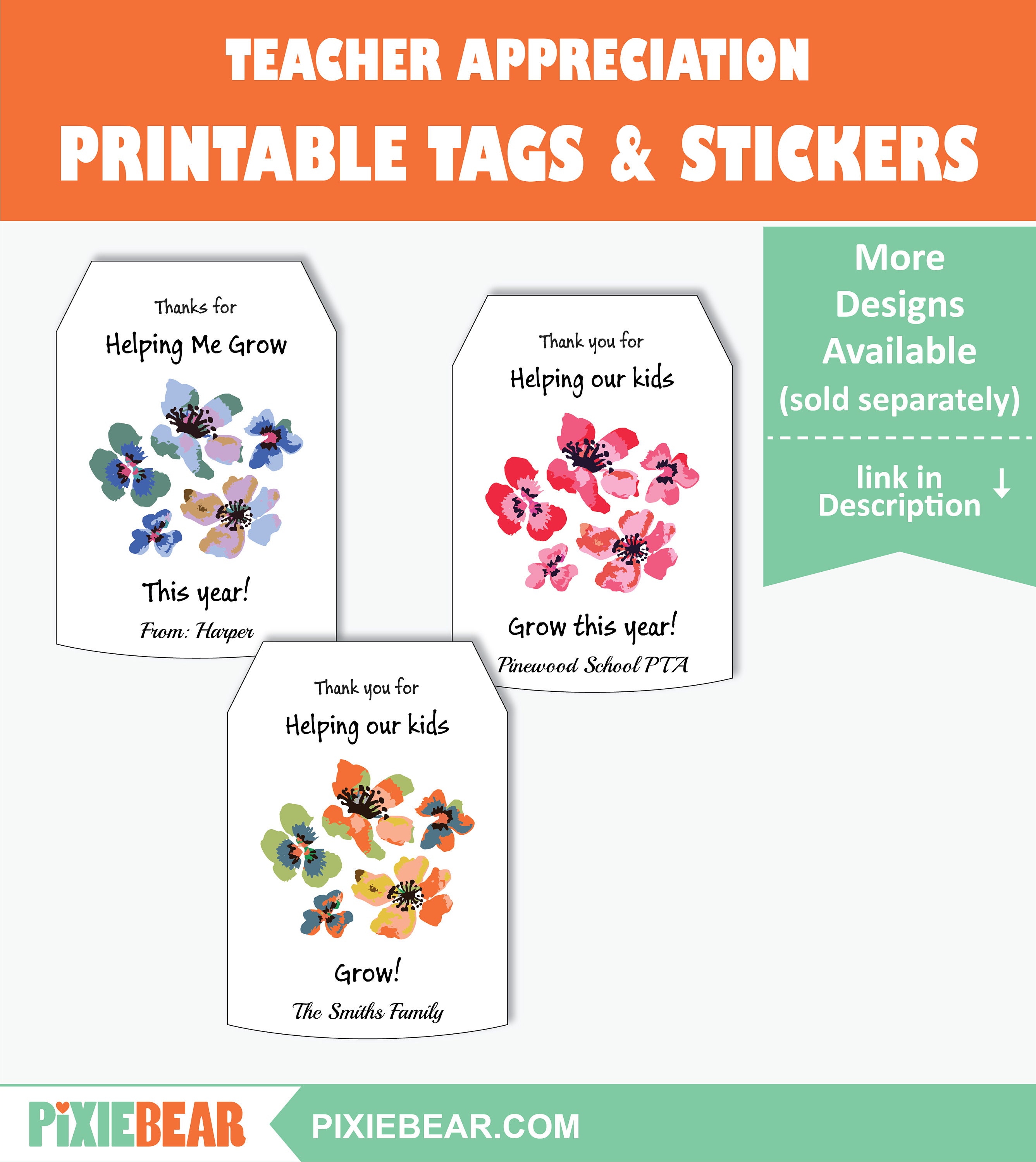 Floral Teacher Appreciation Thank You Tags Printable Teacher | Etsy