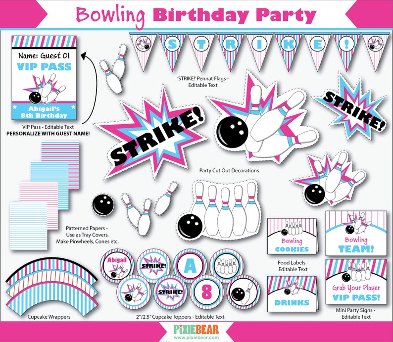 Girl Bowling Party Thank You Tags Printable Bowling Favor - Etsy