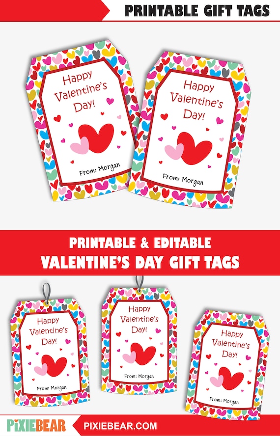Hearts Valentine's Day Gift Tags, Printable Valentine Labels, Editable ...
