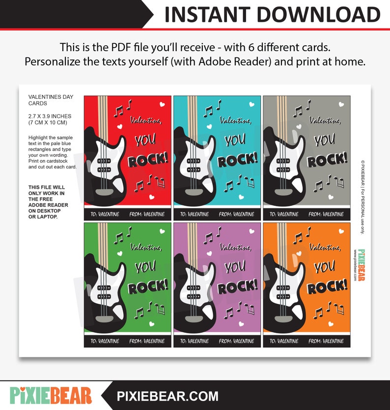 Guitar Valentine Cards for Kids Printable You Rock | Etsy