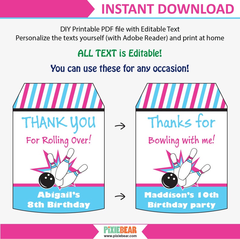 Girl Bowling Party Thank You Tags Printable Bowling Favor - Etsy