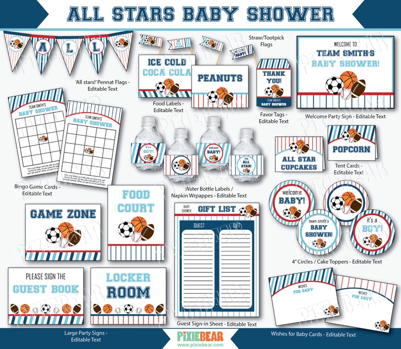 All Star Baby Shower Sports Baby Shower Decorations Printable Baby Shower Sports Baby Shower Blue Baby Shower Instant Download image 2