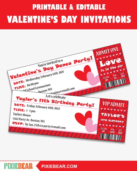 Valentines Day Ticket Invitation Valentines Day Dance Invitation Valentines  Day Dance Ticket Valentines Tickets instant Download 