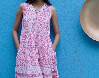 Sommer Maxi Kleid, Strandkleid, Boho Sommerkleid rosa und weiß aus Baumwolle, Block Print langes Sommerkleid