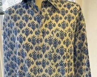 Mens block print cotton blue and white summer shirt Kalami