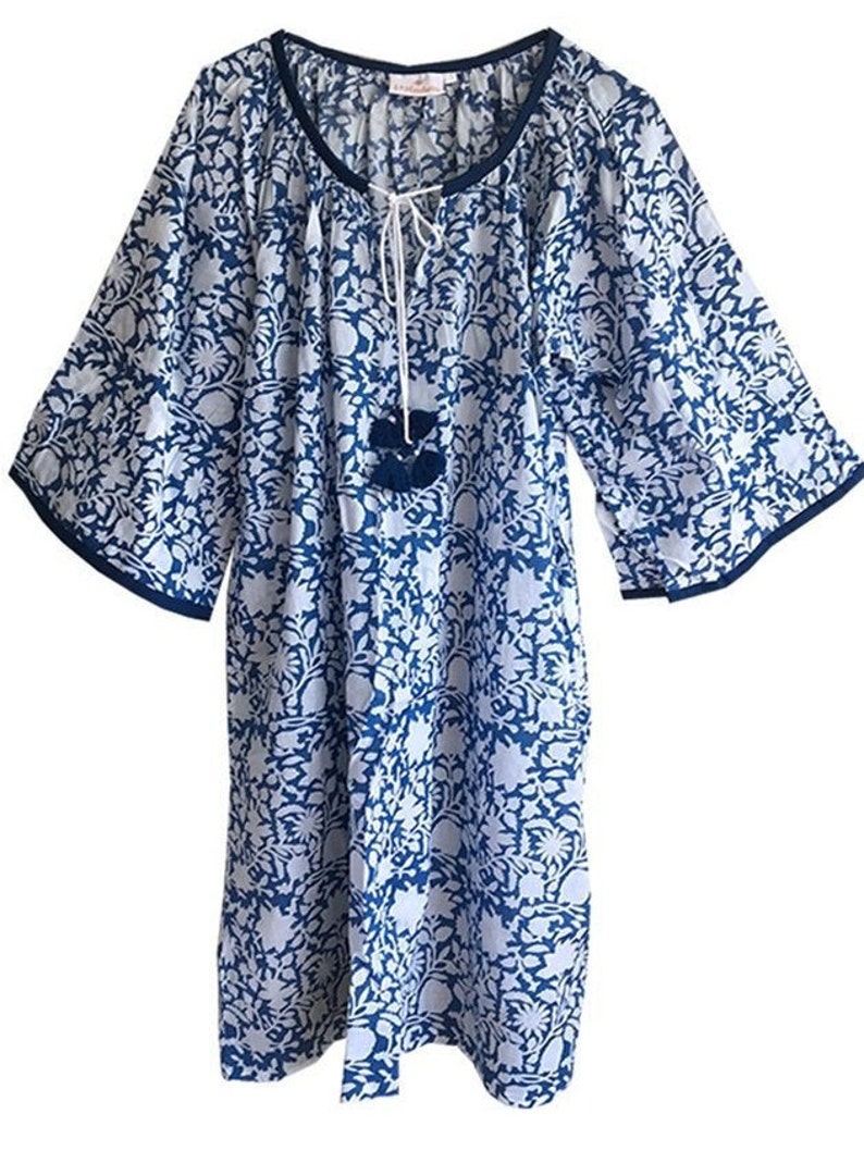 Blue and white cotton print summer dress