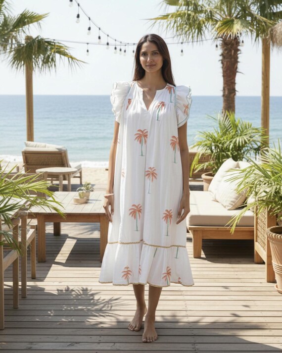 White Cotton Midi Dress, Palm Tree Print Resortwear with Pockets