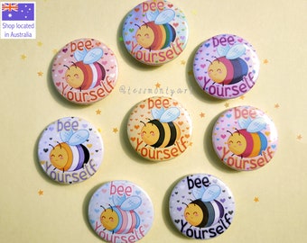 Bee Yourself - cute bee pun badge with LGBT colour variants