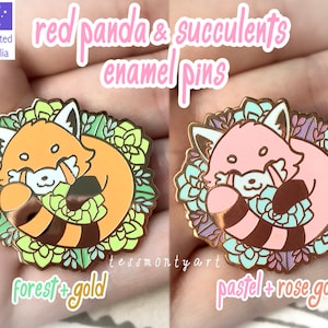 May include: Two enamel pins featuring red pandas nestled in succulent wreaths. One pin has a forest green and gold color scheme, the other a pastel pink and rose gold. The text reads "red panda & succulents enamel pins".