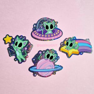 Alien Kitty Holo Glitter Stickers