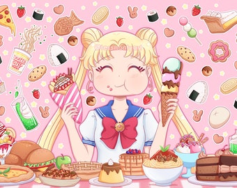 Sailor Moon A4 Print - Usagi Tsukino eating to her hearts content