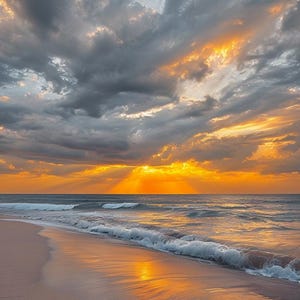 Pode incluir: Uma cena de praia com um pôr do sol dourado sobre o oceano. O céu está cheio de nuvens dramáticas, e os raios do sol brilham através das nuvens. As ondas quebram na costa, e a areia está molhada e brilhante.