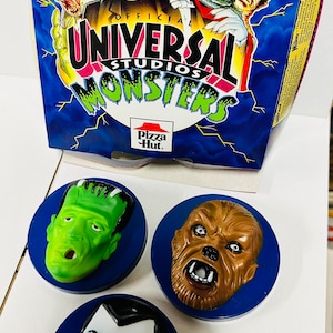 Universal Monsters rara caja de presentación de promoción de alimentos de Pizza Hut con tapas de 3 tazas 1989