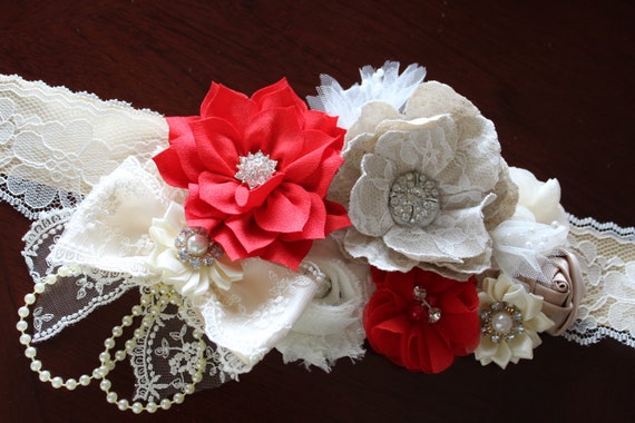 Ivory Red Flower Girl Sash, Bridal Sash Belt, Red Maternity  display picture 1