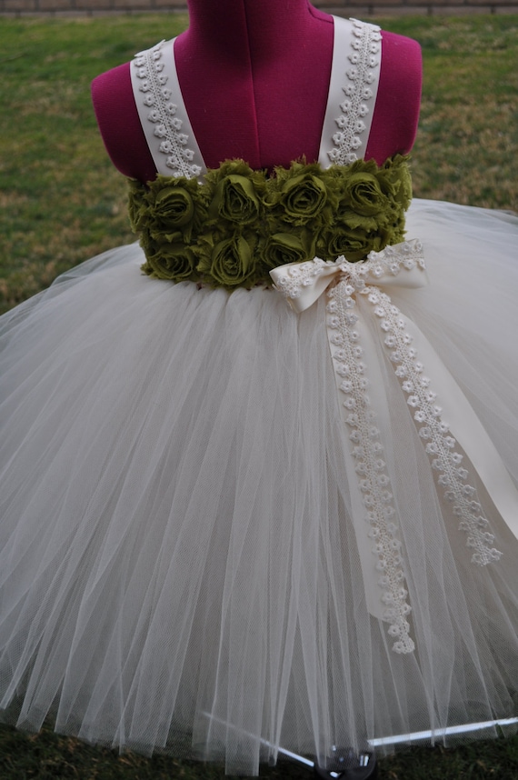 Olive Green Ivory Flower Girl Dress,Olive Green Toddler Dress,Ivory Olive Green Infant Dress,Ivory Olive Green Baby Dress,Rustic Girls Dress