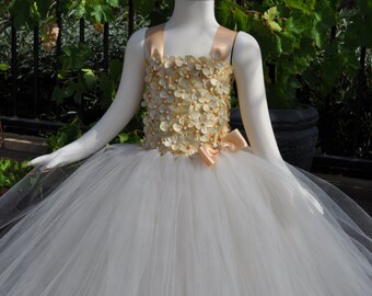 Special Occasion Dress, Flower Girl Dress, Gold Ivory Flower Girl Dress, Tutu Dress, Girl, Champagne/ Ivory Dress