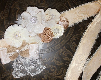 Ivory Champagne Flower Girl Sash, Rustic Bridal Sash Belt, Champagne Maternity Sash Belt, Rustic Bridesmaid Sash, Lace Rustic Wedding Sash