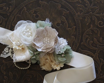Flower Girl Sash, Bridal Ivory Sage Sash Belt, Maternity Sash Belt, Bridesmaid Sash, Rustic Wedding Sash, Rustic Flower Girl Headband,