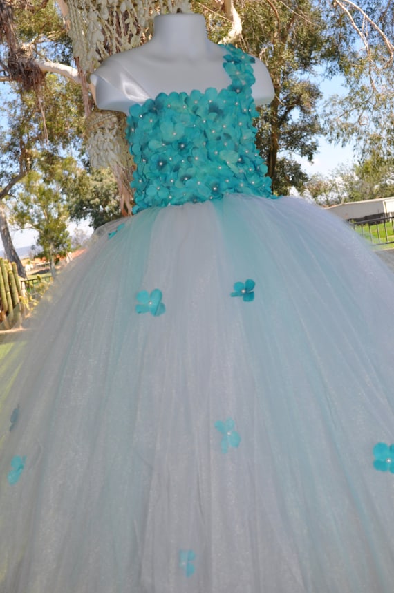 white and turquoise flower girl dresses