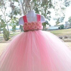 May include: A pink tulle tutu dress with a pink flower embellishment and a rhinestone belt.
