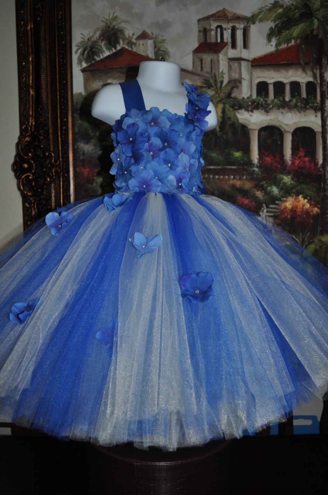 Royal Blue Ivory Dress, Infant Flower Girl Dress, Royal Blue Baby Dress