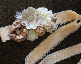Ivory Champagne Flower Girl Sash, Bridal Sash Belt, Champagne Maternity Sash Belt, Bridesmaid Sash, Lace Rustic Wedding Sash
