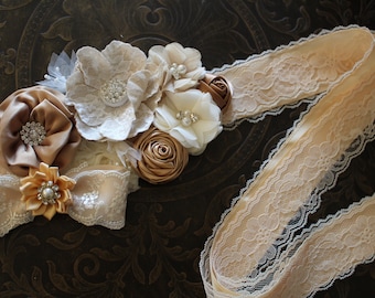 Ivory Champagne Flower Girl Sash, Bridal Sash Belt, Champagne Maternity Sash Belt, Bridesmaid Sash, Lace Rustic Wedding Sash