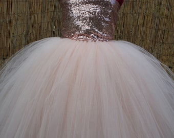 Rose Gold Flower Girl Dress, Blush Rose Gold Special Occasion Girls Dress, Blush Toddler Tutu Dress,Rose Gold Sequin Girls Party Dress
