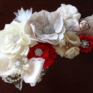 Ivory Red Flower Girl Sash, Bridal Sash Belt, Red Maternity Sash Belt, Bridesmaid Ivory Red Sash, Lace Rustic Wedding Sash