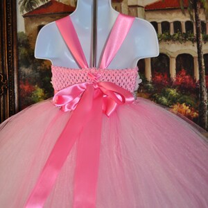 May include: Pink tulle tutu dress with a pink satin ribbon bow on the back. The dress has a crocheted bodice with a rhinestone embellishment.