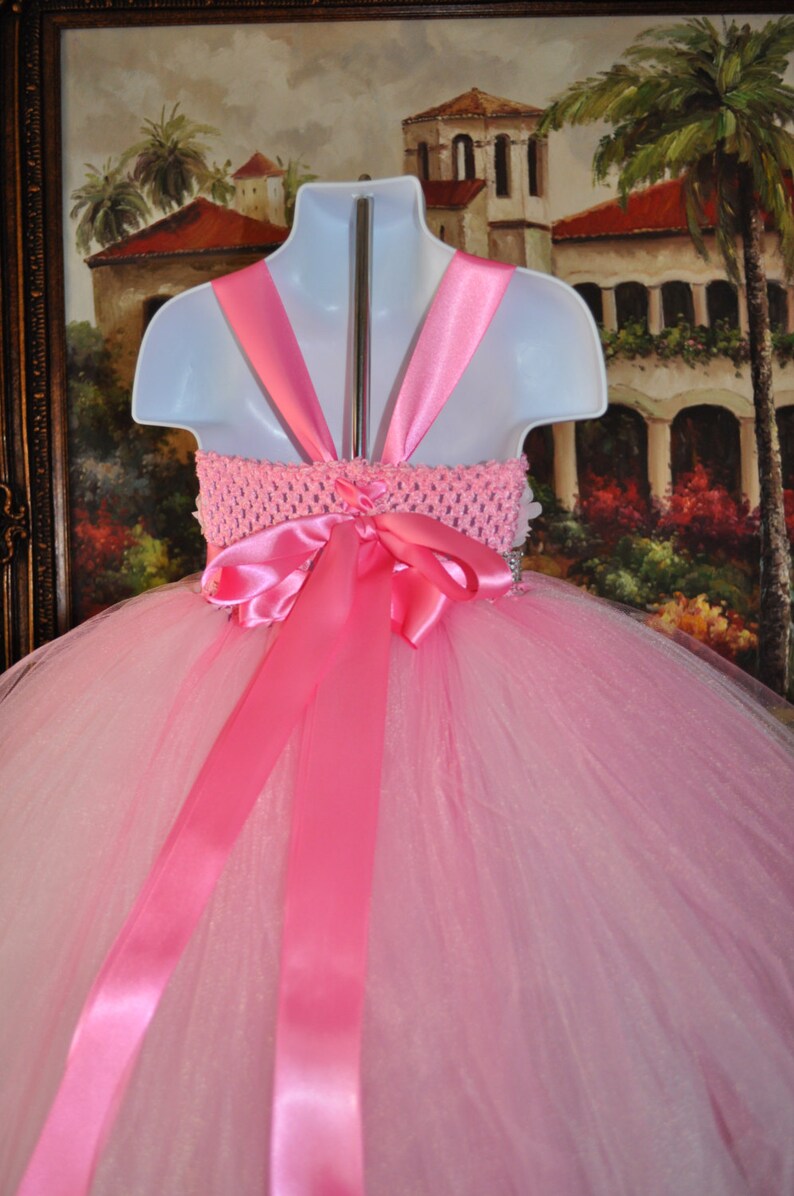 May include: Pink tulle tutu dress with a pink satin ribbon bow on the back. The dress has a crocheted bodice with a rhinestone embellishment.