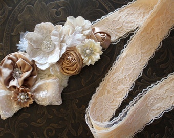 Ivory Champagne Flower Girl Sash, Bridal Sash Belt, Champagne Maternity Sash Belt, Bridesmaid Sash, Lace Rustic Wedding Sash
