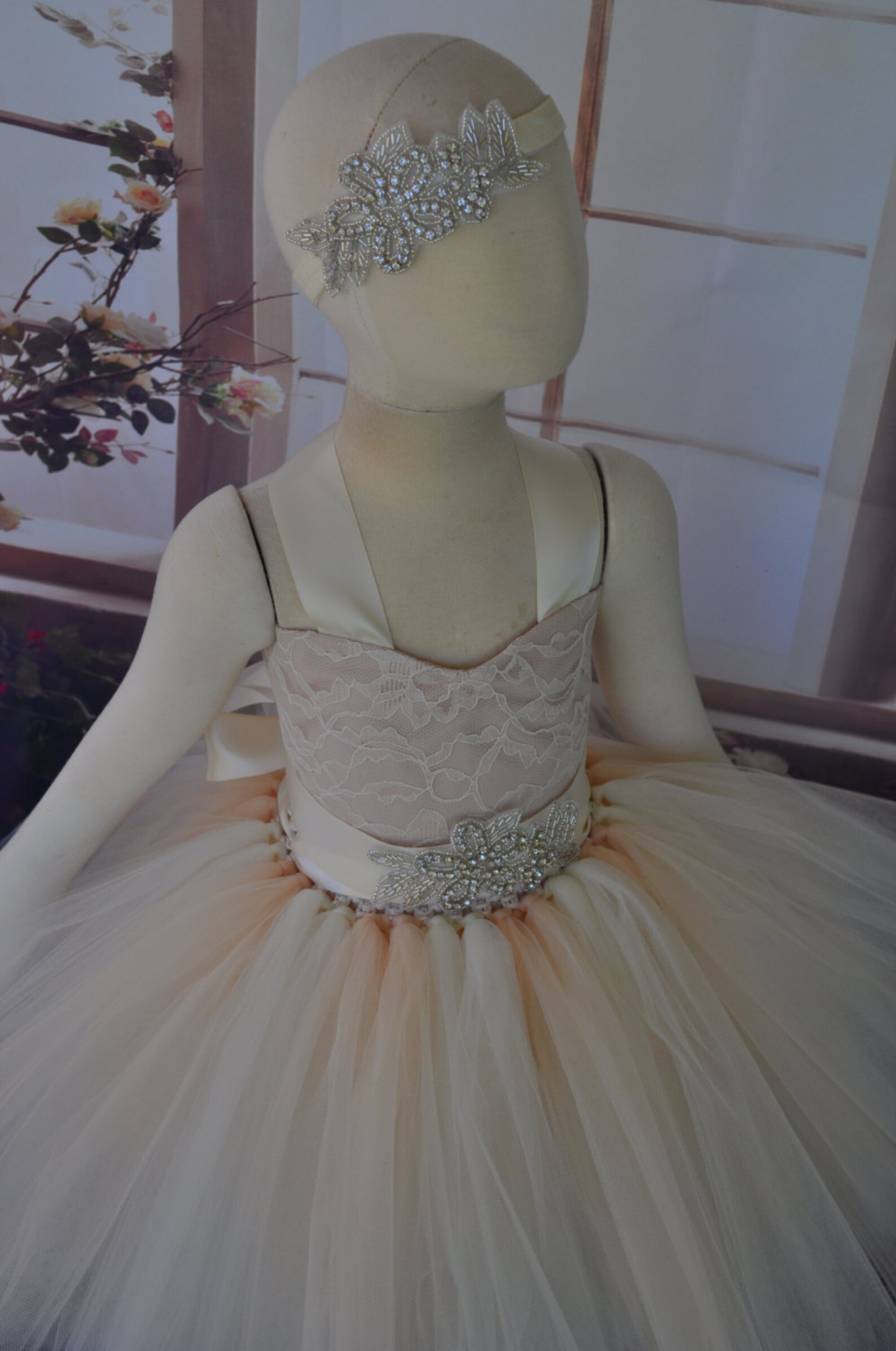 Ivory & Champagne Rosette Girls Dress