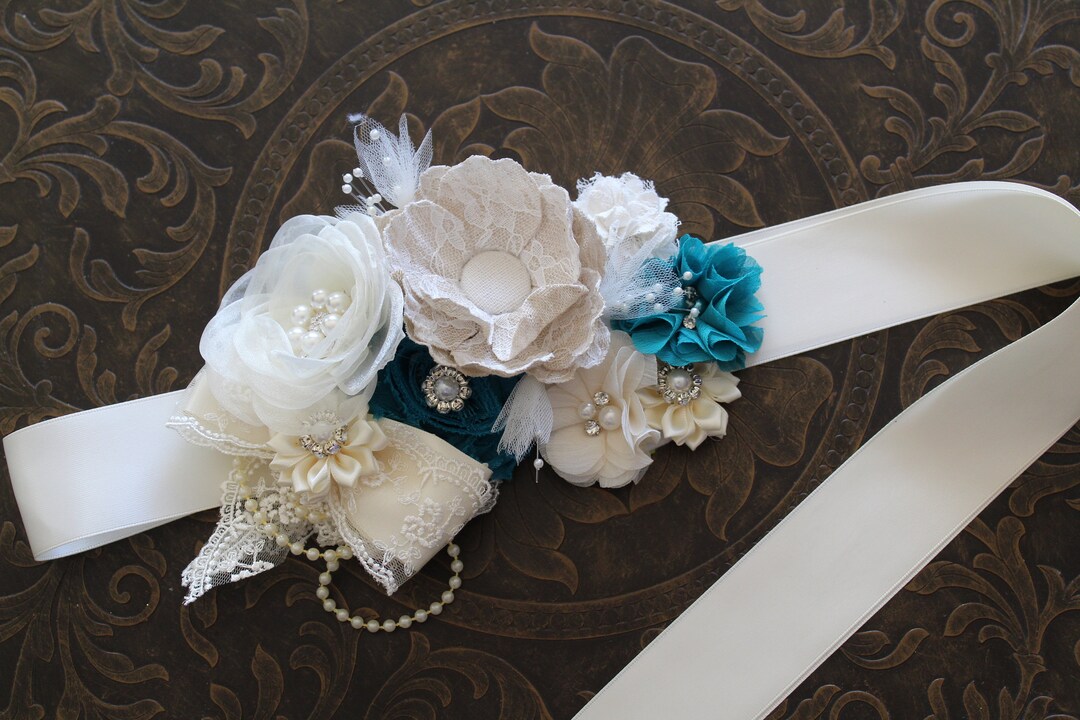 Mint Teal Floral Sash Belt Set 2pc Maternity Bridal Flower Girl Rhinestone D1 Teal Sash, Baby blue Sash, Flower Belt, Flower Girl Sash  main image 4