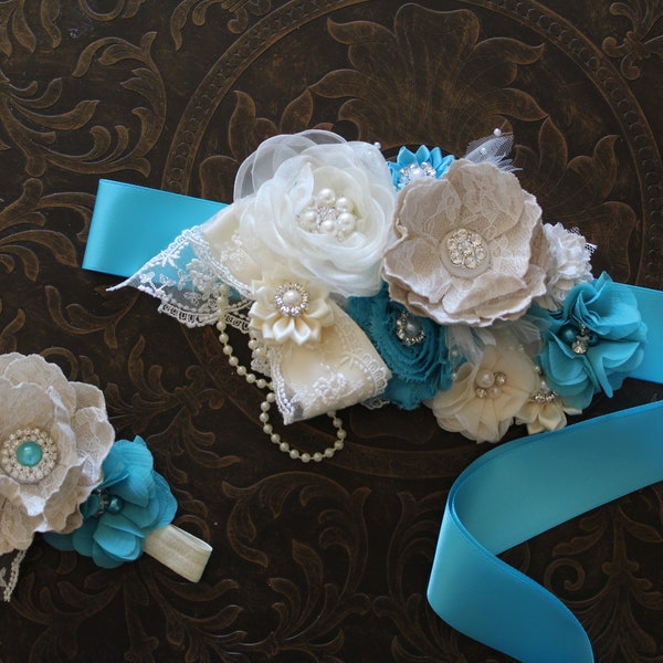 Flower Girl Sash, Bridal Ivory Turquoise Sash, Maternity Turquoise Belt, Bridesmaid Sash, Rustic Wedding Sash, Rustic Flower Girl Headband,