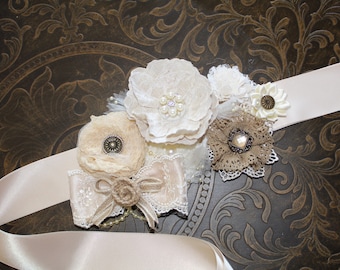 Ivory Champagne Flower Girl Sash, Rustic Bridal Sash Belt, Champagne Maternity Sash Belt, Bridesmaid Boho Sash, Rustic Wedding Sash