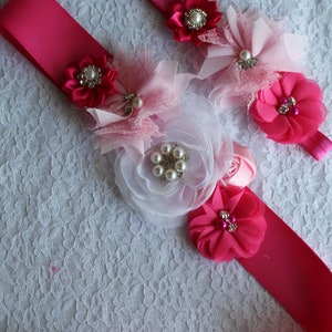 Pink Flower Girl Sash Headband, White Pink Bridal Sash Belt, Pink Maternity Sash Belt,Pink Bridesmaid Sash, Pink Wedding Sash Headband