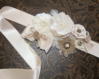 Ivory Champagne Flower Girl Sash, Rustic Bridal Sash Belt, Champagne Maternity Sash Belt, Bridesmaid Boho Sash, Rustic Wedding Sash