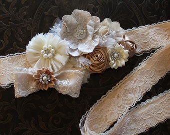Ivory Champagne Flower Girl Sash, Bridal Sash Belt, Champagne Maternity Sash Belt, Rustic Bridesmaid Sash, Lace Rustic Wedding Sash