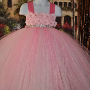 May include: A pink tulle tutu dress with a pink flower embellishment and a sparkly silver belt.
