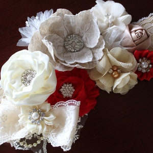Ivory Red Flower Girl Sash, Bridal Sash Belt, Red Maternity Sash Belt, Bridesmaid Ivory Red Sash, Lace Rustic Wedding Sash