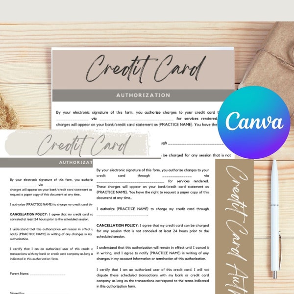 Credit Card Authorization Form, 3 Options CANVA Customizable For Therapists, Counselors, and Coaches Commercial Use