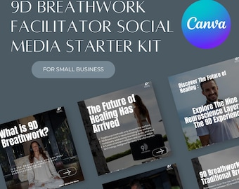 Plantillas de Canva para respiración 9D, kit de inicio para facilitadores con 5 publicaciones educativas, desglose de las capas 9D, anuncios y página de testimonios.