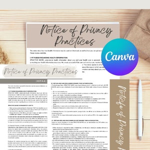 May include: A Notice of Privacy Practices document for a healthcare provider. The document outlines how health information is used and disclosed, as well as how patients can access their health information. The document is titled "Notice of Privacy Practices" and includes the text "HIPAA" in brackets. The document is printed on a light brown background with a white border.