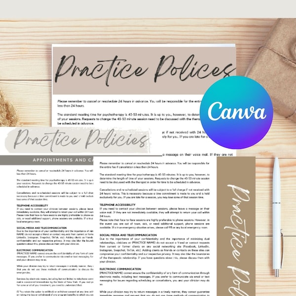 Practice Policies Form, 3 Options CANVA Customizable For Therapists, Counselors, and Coaches COMMERCIAL USE